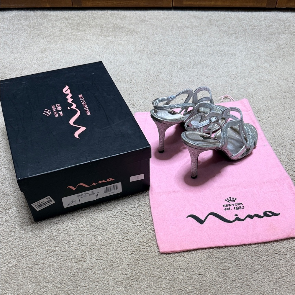 Nina Silver Glitter Strappy Stiletto Heels Sz.7